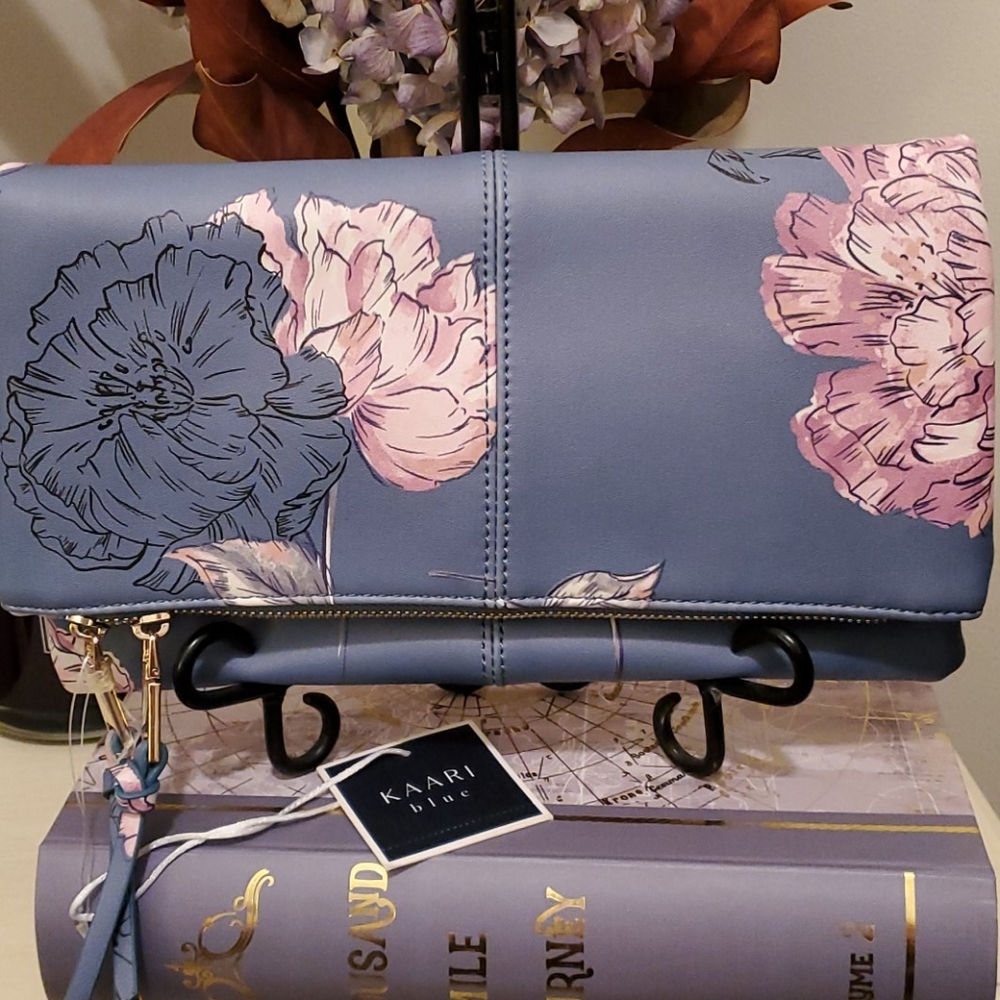 Kaari Blue Floral Foldover Clutch NWT
